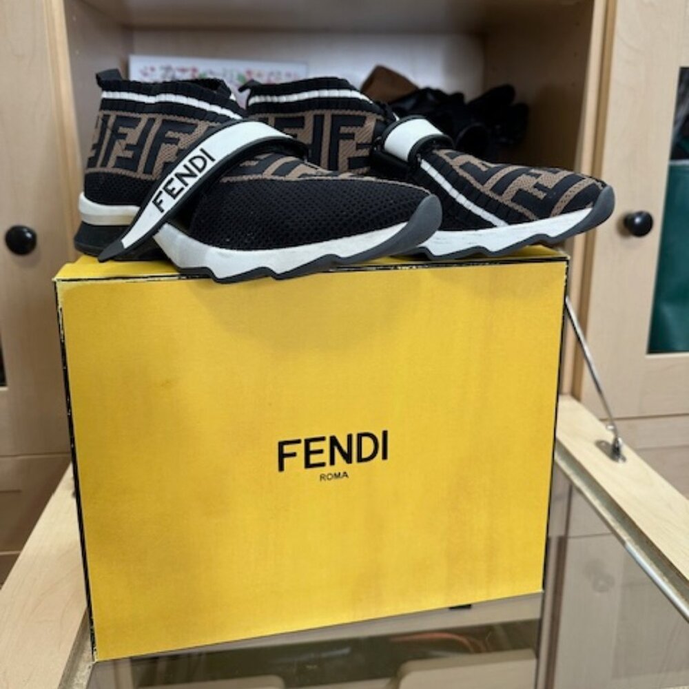 Fendi Black and Brown FF Logo Knit Slip-On Sneakers